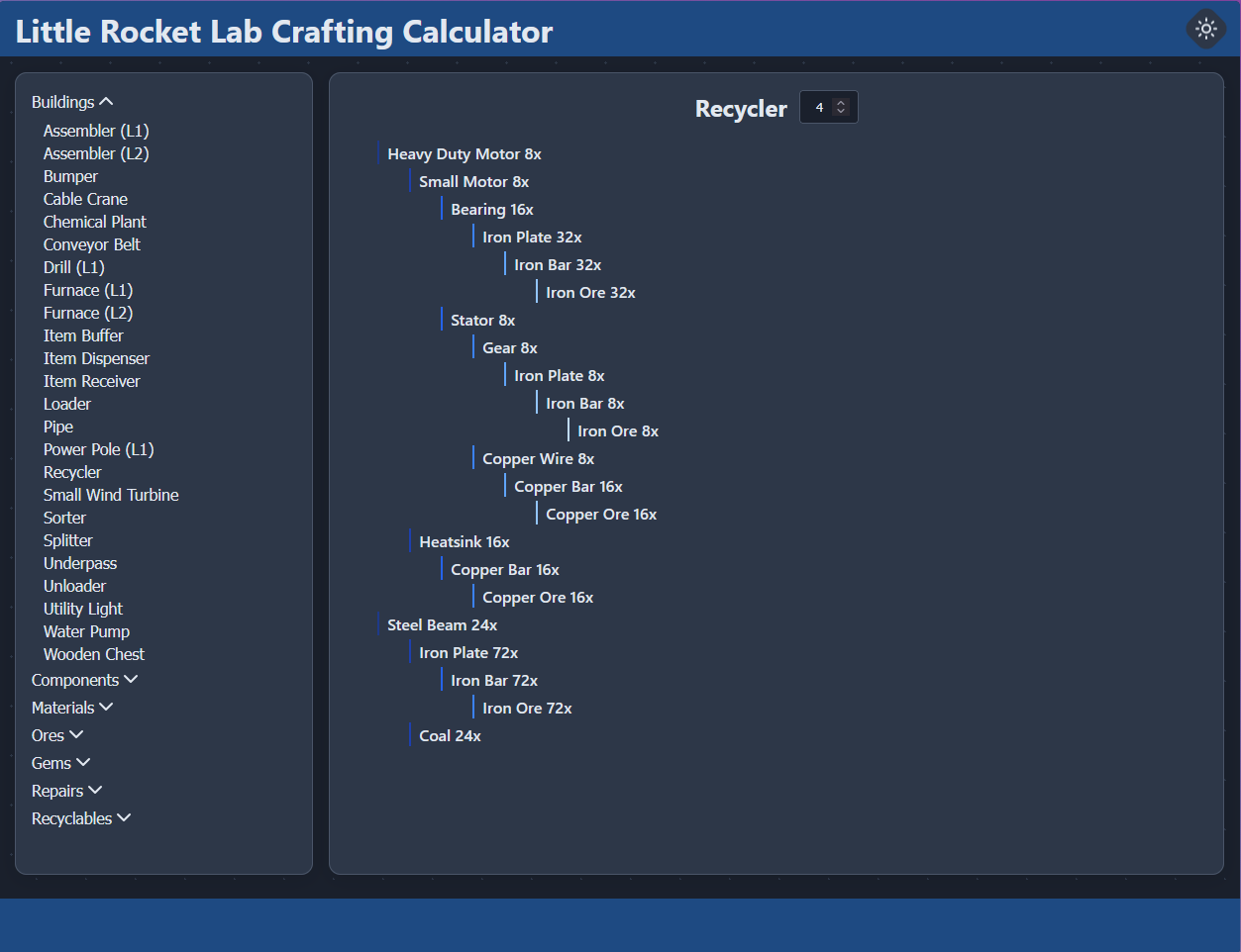 Little Rocket Lab Crafting Calculator